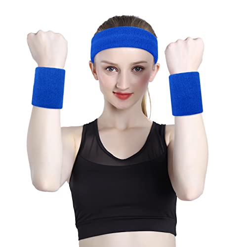 ONUPGO Sweatband Set Sports Headband Wristband Set Sweatbands Terry Cloth Wristband Wrist Sweatband Headbands Moisture Wicking Sweat Absorbing Head Band - color: Dark Blue