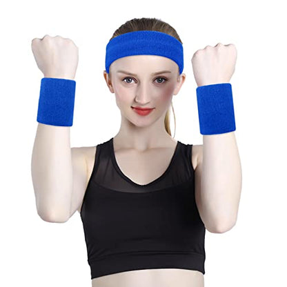 ONUPGO Sweatband Set Sports Headband Wristband Set Sweatbands Terry Cloth Wristband Wrist Sweatband Headbands Moisture Wicking Sweat Absorbing Head Band - color: Dark Blue