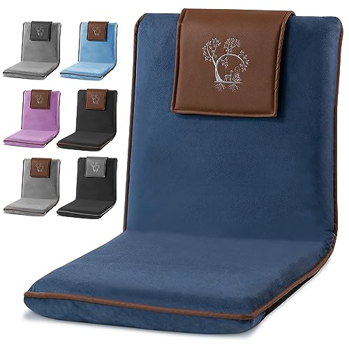 Adjustable Japanese Floor Chair with Back Support for Adults | Premium Meditation Chair for Seating, Yoga & Gaming -Folding Backjack Floor Chair with 6 Recline Positions, Thick Padding & Vegan Leather - color: Blue Brown, style: Square