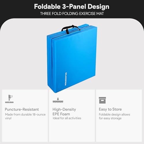 BalanceFrom 6x2 Feet 3-Panel Folding Gymnastics Mat – 1.5-Inch Thick Pad with Vinyl Surface and Carrying Handles for Tumbling, Yoga, Pilates, Home Workouts, and Martial Arts - color: Blue