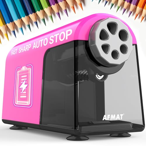 AFMAT Electric Pencil Sharpener for Classroom, 6 Holes, Cordless & Rechargeable, Fast Sharpen, Auto Stop, 10K+ Uses, Heavy Duty Pencil Sharpener for 6-11mm No.2/Large/Colored Pencils PSD2(Pink) - color: Pink