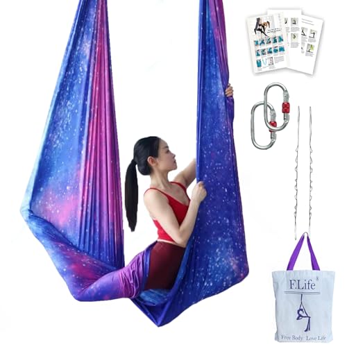F.Life Aerial Yoga Hammock kit- Yoga Swing Multicolor 5 yards-Flying Yoga Include Daisy Chain,Carabiner and Pose Guide - color: Night Sky Star