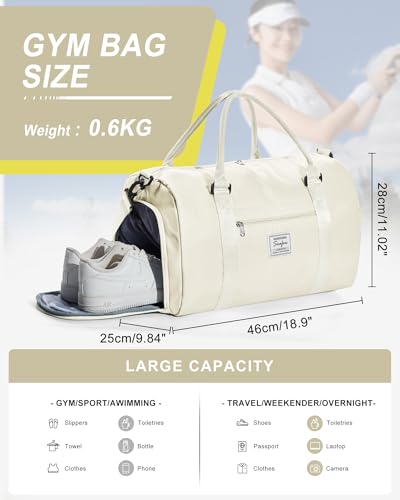 Gym Bag Womens Mens with Shoes Compartment and Wet Pocket Travel Duffel Bag for Women for Plane Sport Gym Tote Bags Swimming Yoga Small Waterproof Weekend Overnight Carry on Bag Hospital Holdalls - color: A12-Cream White