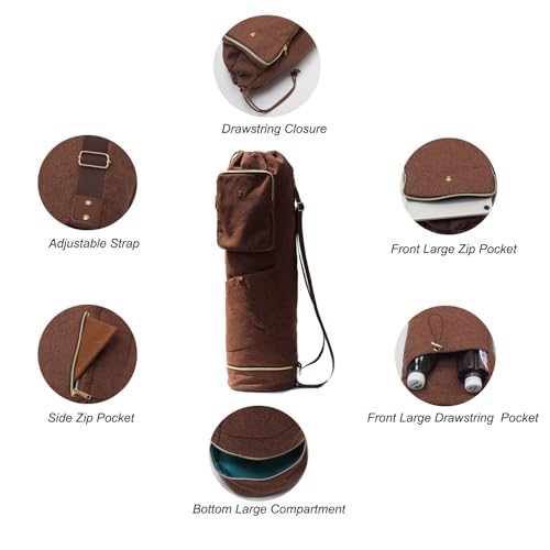 ESVAN Yoga Mat Bag with Multi Pockets Drawstring Yoga Mat Carrier Pilates Exercise Multi-Functional Storage Bag - color: Linen Brown