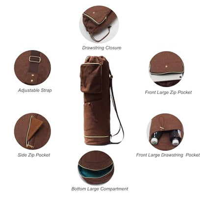 ESVAN Yoga Mat Bag with Multi Pockets Drawstring Yoga Mat Carrier Pilates Exercise Multi-Functional Storage Bag - color: Linen Brown