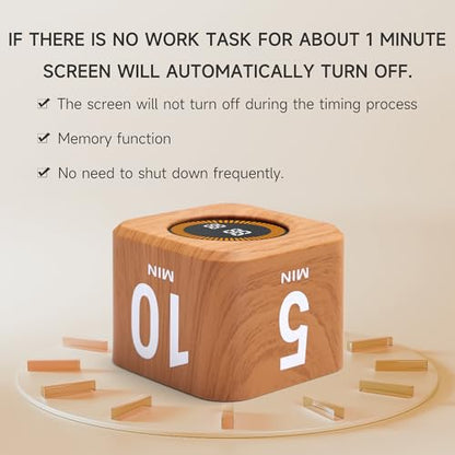 Rotating Productivity Cube Timer, 5/25/10/50 Min Presets, Wood Grain | Gravity sensor with mute function; ADHD-friendly desk timer for work, study, kitchen and back to school - color: Wood Grain Finish