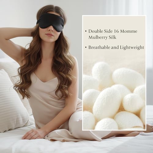 Silk Eye Mask for Sleeping 100% Mulberry Silk Women Men Blindfold,3D Luxury Travel Smooth Elastic Strap Eye Masks Breathable Cooling Soft Night Sleep Work Eyeshade Cover,Black - color: Black
