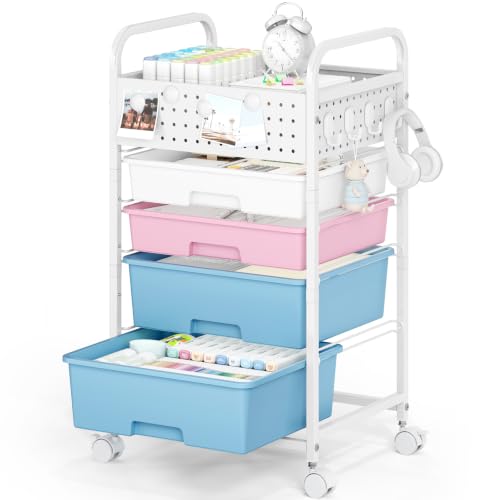 4 Drawer Rolling Storage Cart with Pegboard Top and Hooks, Pink&Blue | Mobile Organizer Cart with Wheels for Office Supplies, Craft Storage, Classroom Organization, Home Utility Cart - color: Pink&Blue, size: 4-Drawers