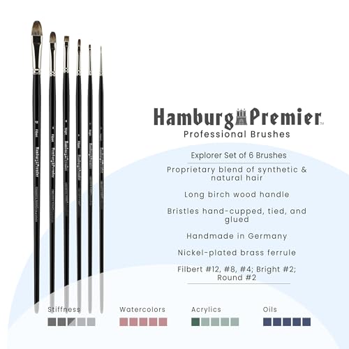 Creative Mark Hamburg Premiere Professional Oil Painting Brushes - Explorer Set of 6 Assorted Oil Paint Brushes - Handmade in Germany, Natural & Synthetic Blend, Long Triple-Lacquered Birch Handle - size: Assorted - Set of 6
