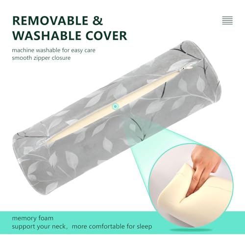 Grey Vine Leaves Neck Roll Pillow Bolster Round Health Memory Foam Long Cervical Cylinder Pillows with Removable Washable Cover for Body Bed Legs Back Yoga - color: Grey Vine Leaves