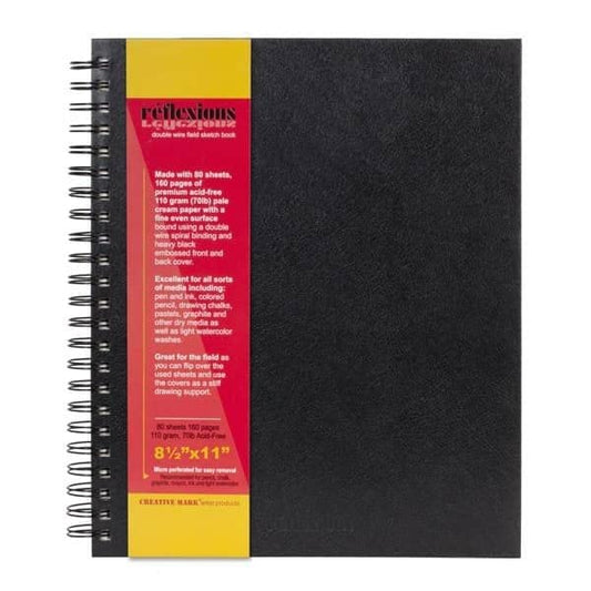 Creative Mark Double Wire Spiral Bound Field Sketch Book [160 Pages - 8.5 x 11], Black Embossed Leatherette Journal, Light Cream Acid-Free Paper, Perfect for Dry Media and Drawing - size: 8.5 x 11" - Single