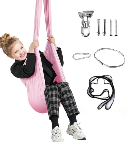 Aokitec Sensory Swing for Kids & Adult, Indoor Outdoor Cuddle Hammock Chair | Therapy swing for Special Needs, Autism, ADHD, Adjustable, Soft Nylon 59''x67'', 360 Swivel Hanger, All Hardware Included - color: Pink