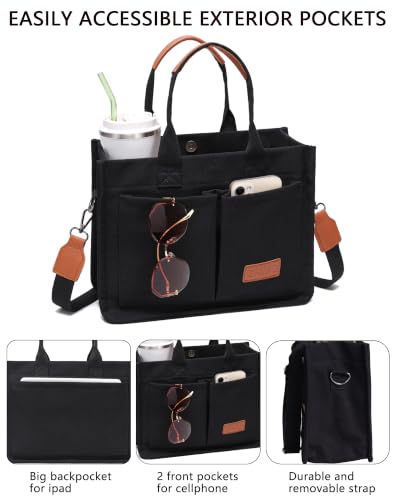 ZHMO Canvas Tote Bag for Women,Women's Bags Crossbody Bags Work Laptop Tote Bag Large Handbags Purse for Travel Nurse Teacher - color: Canvs Demure Black With Compartments