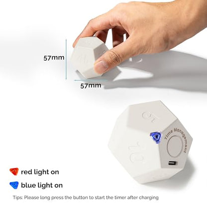 KADAMS Pomodoro Cube Timer Productivity-11 Preset Countdowns, Flip-to-Start Gravity Activation - Sound Vibrate Mute Rechargeable - Ideal for ADHD Kid Kitchen Classroom Cook Study Exercise - White