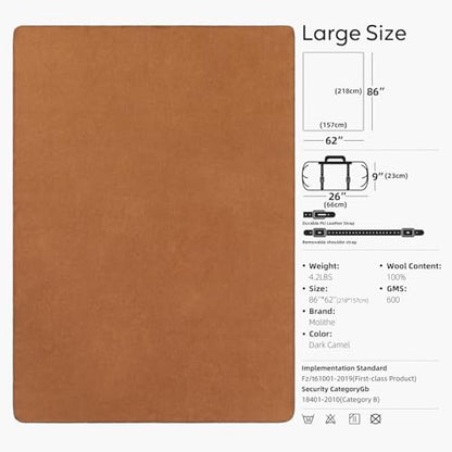 Molithe 100% Wool Blanket, 62" x 86", Warm, Thick, Military, Camping Gear - color: Dark Camel, size: Large