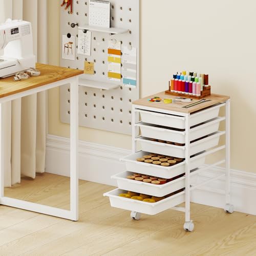 GOFLAME 6-Drawer Rolling Storage Cart, Craft Storage Cart with Wood Tabletop and Lockable Wheels, Art Cart Supply Storage Organizer with Metal Frame for Home Office Classroom, White - color: White, size: 6-Drawer with Wood Top