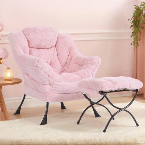 Tiita Lazy Chair with Ottoman, Comfy Reading Accent Chair, Plush Pink - color: Plush-pink