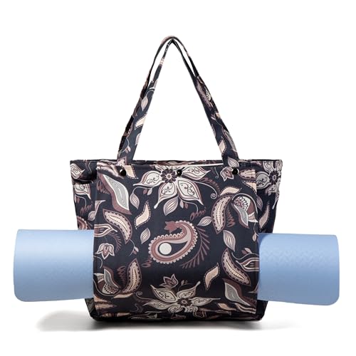 Floral Paisley Pattern Yoga Bag, Canvas Tote with Blue and Pink Design, Spacious Carrier for Yoga Mat and Accessories - color: Grey