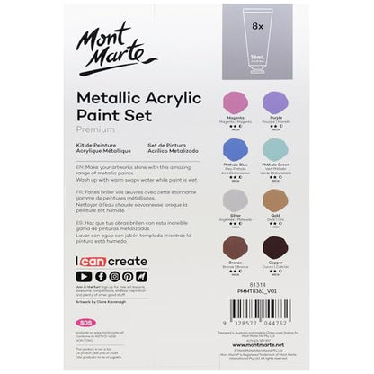 Mont Marte Premium Metallic Acrylic Paint Set, 8 x 1.02oz (36ml) Tubes, 8 Colors, Suitable for Most Surfaces Including Canvas, Card, Paper and Wood - size: 1.22 Fl Oz (Pack of 1)