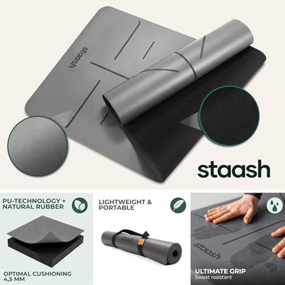 STAASH Premium Yoga Set – PU & Natural Rubber Mat + Towel + Strap + Knee Pad – Non-Slip Grip, Eco-Friendly, Studio Quality - color: Dark Grey