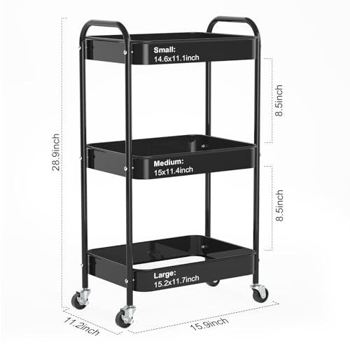 3-Tier Rolling Cart, Metal Utility Storage Carts with Wheels, Black | Multi-Functional Organizer Snack Cart Easy Assembly - color: Black