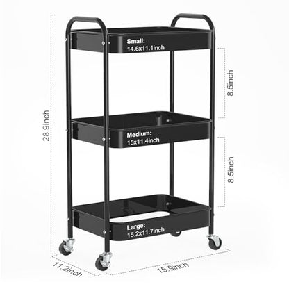 3-Tier Rolling Cart, Metal Utility Storage Carts with Wheels, Black | Multi-Functional Organizer Snack Cart Easy Assembly - color: Black