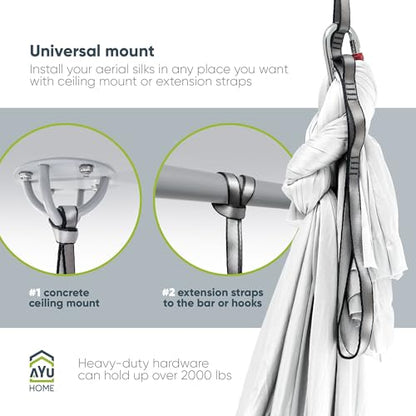AyuHome Aerial Silks Yoga Swing Aerial Hammock Kit for Home - color: Aerial silk - White - New