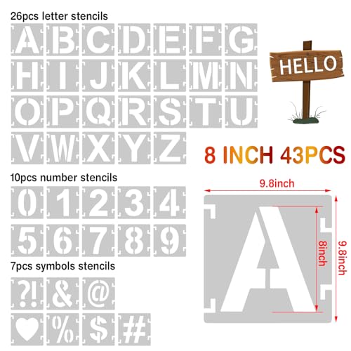 8 Inch Letter Stencils,43Pcs Reusable Letter Stencils for Painting | Alphabet Symbol Numbers Stencils Interlocking Kit for Painting on Wood, Wall, Fabric, Rocks, Chalkboard, Sign & DIY Art - size: 8 inch