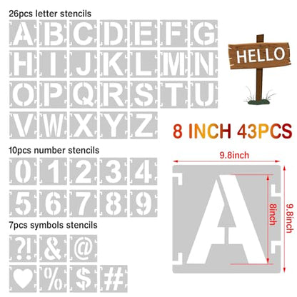 8 Inch Letter Stencils,43Pcs Reusable Letter Stencils for Painting | Alphabet Symbol Numbers Stencils Interlocking Kit for Painting on Wood, Wall, Fabric, Rocks, Chalkboard, Sign & DIY Art - size: 8 inch