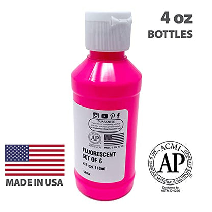 milo Fluorescent Acrylic Paint Set of 6 Colors | 4 oz Bottles | Student Neon Colors Acrylics Painting Pack | Made in the USA | Non-Toxic Art & Craft Paints for Artists, Kids, & Hobby Painters | Glows in Black Light, AP Certified Non-Toxic, Made in USA, Ar