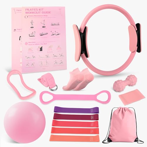 Home Pilates Essentials Kit for Women - Complete Set with 9" Yoga Ball, Figure 8 Resistance Band, Pilates Bands, Accessories, and Pilates Ring - Perfect for Beginners Home Workouts