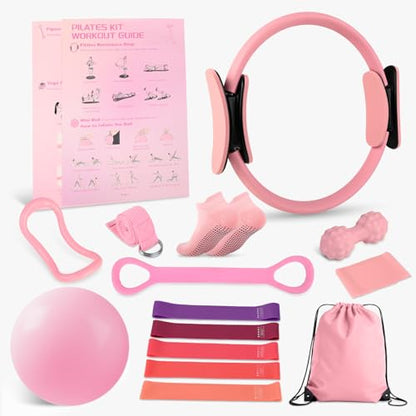 Home Pilates Essentials Kit for Women - Complete Set with 9" Yoga Ball, Figure 8 Resistance Band, Pilates Bands, Accessories, and Pilates Ring - Perfect for Beginners Home Workouts