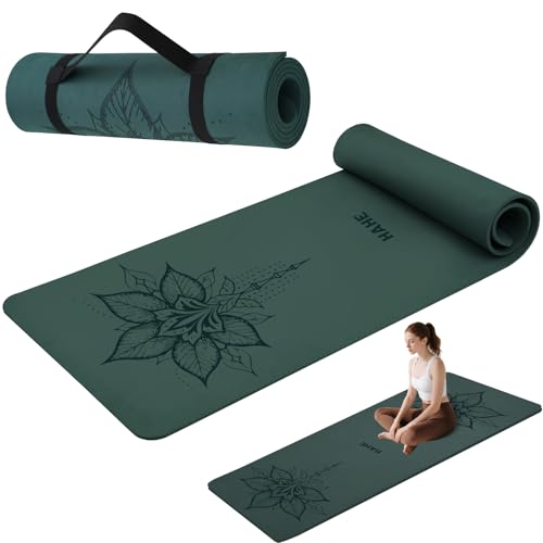 HAHE Yoga Mat Thick (8MM,1/3"), Eco-Friendly POE Non Slip Yoga Mat, High Rebound & Shock Absorption, Anti-Tear & Sweat-Resistant for Yoga, Fitness, Home, Workouts, Large Pilates Mats 72"x24" with Carrying Strap - color: blackish green