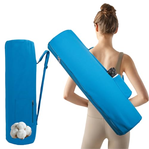 Cotton yoga mat bag with Pockets and Adjustable Strap - Full Zip Cargo Yoga Mat Carrier Bag - Bag for 1/4" 1/3" Thick Yoga Mat - color: Blue, size: XL