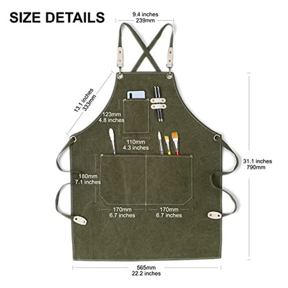 Hongsome Cotton Canvas Cross Back Apron for Art Painting Garden Chef Bartender Work,Women Men 3 Pockets Waterproof M-XXL - color: Green