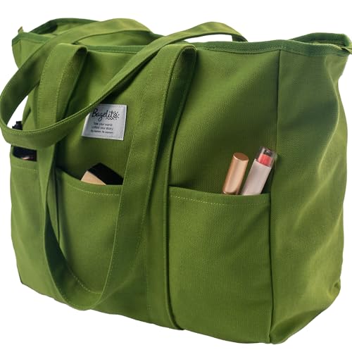 Bagelite Extra Large Canvas Tote for Women Men, Utility Work Bag with Zipper - color: Green
