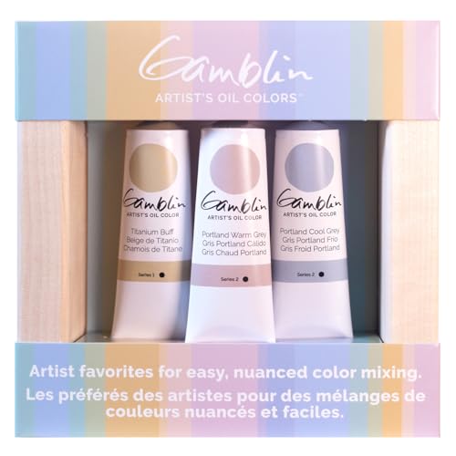 Gamblin Artist Grade Oil, Set of 37ml tubes in Portland Warm Grey, Portland Cool Grey, and Titanium Buff, in a pre-primed wood panel (101103)