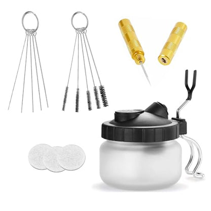 Langlengtec Airbrush Cleaning Kit Wash Jar with 5pcs Nozzle Set, 5pcs Brushes for Home and Office Use, Stainless Steel Duster with air Brush Needle Wrench