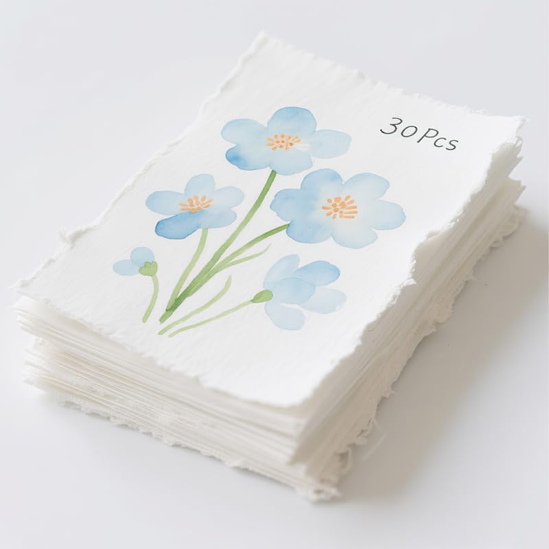 30 Sheets Watercolor Paper, 300 GSM Thick Textured Cotton Paper - 4 x 6 Inch Deckled Edge Handmade Paper for Painting, Calligraphy, Wedding Invitations, Greeting Cards, DIY Crafts