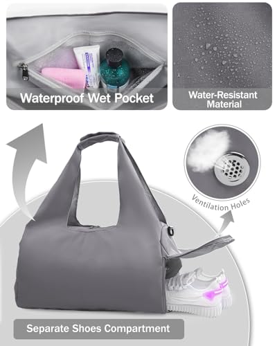 RHDZO Gym Bag for Women with Shoe and Wet Compartments, Yoga Mat Holder | Travel Duffel Bag with Water Bottle Holder, Weekend Overnight Bag for Workout Sport Dance Pilate, Detachable Shoulder Strap - color: Dark Gray