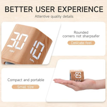 Productivity Cube Timer, 1/5/10/30/60 Min Presets, Wood Grain Finish | Gravity sensor, mute and vibration modes; ADHD-friendly desk timer for work, study, kitchen and back to school - color: Wood Grain