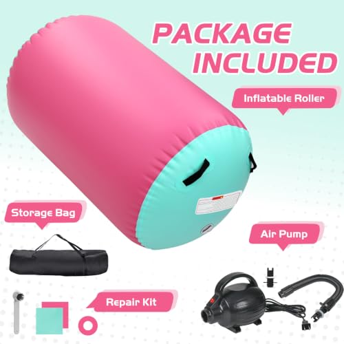 Gymnastics Air Roller Barrel 47 * 35inch PinkGreen with Pump - color: Pink, size: 47*35 Inch/120*90cm