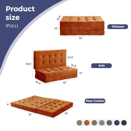 MAXYOYO 6" Folding Sofa Bed for Floor, Tufted Tri-Fold Floor Mattress | Full Size Portable Sofa Couch Guest Mat with Chenille Fabric for Adults, Foldable Topper for Camping, Orange, Full - color: Orange, size: Full