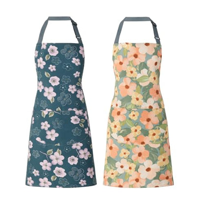 2 Pack Floral Apron for Women with Pockets, Adjustable Cotton Chef Aprons for Kitchen, Cooking, BBQ & Grill - color: Golden/Begonia