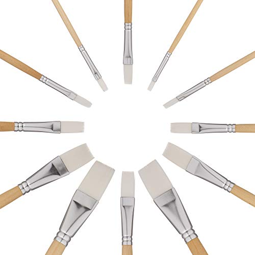 Jerry Q Art 12 PC White Synthetic Hair Flat Brush Set with Long Wood Handles for Watercolor and Acrylic JQ66051
