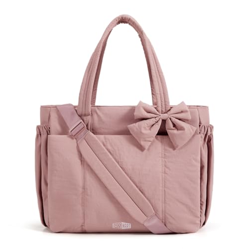 BAGSMART Crush Bow Tote Bag for Women, Puffer Travel Work Yoga Laptop Bag | Large Bow Tote Fits 40oz Tumbler, 15.6" Laptop, Yoga Mat Sleeve, Waterproof Pocket, Travel Work Swim Gym Mom Shoulder Handbag - color: Dirty Pink, size: 20L-Large