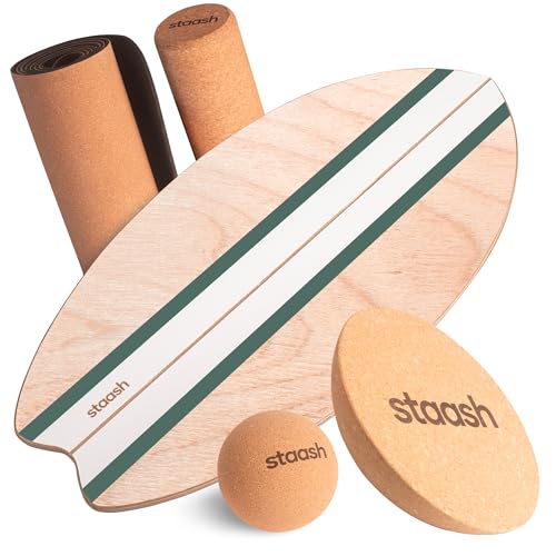 STAASH® Balance Board Full Kit – Premium Birch Wood Trainer with Cork Roller, Balance Disc, Massage Ball & Anti-Slip Mat – Core Strength, Surf, Snowboard & Rehab Training – All-In-One Set - color: Green roller