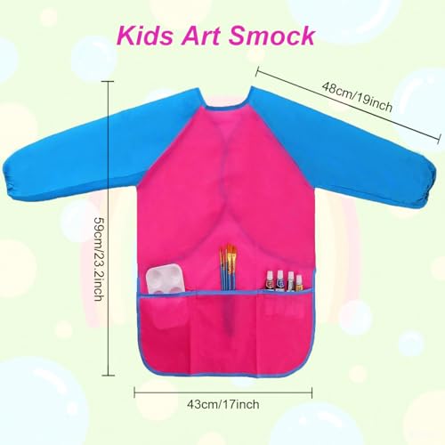 2 Pack Kids Art Smock Waterproof with Long Sleeve and 3 Roomy Pockets Artist Children Aprons for Toddlers Age 3-8 Painting Crafts（Rose Red+Lake Blue） - color: 2 Pack Rose Red+lake Blue