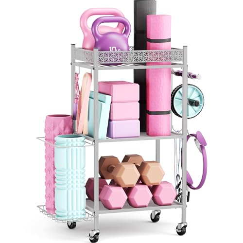 VOPEAK Home Gym Storage Rack, 3-Tier Yoga Mat Storage with Wheels & Hooks | 200 lbs steel rack with lockable casters & side hooks. 3-tier fits yoga mats & dumbbells — 10-min assembly - color: GRAY