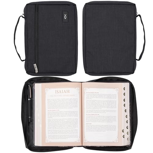 Christian Art Gifts Polyester Bible Cover for Men & Women w/Jesus Fish Patch, Secure Zipper Pocket, Pen Loops, Easy Carry Book Case for Stationery, Accessories, Black, Medium - color: Black/Jesus Fish #3, size: Medium